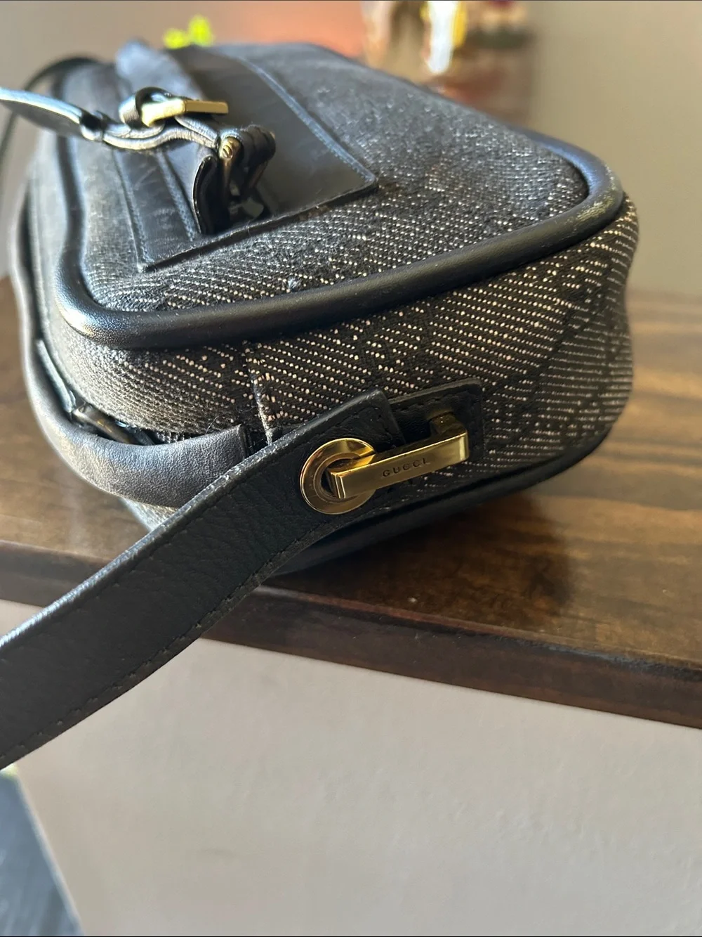 466. Gucci Black/Gray Monogram Belt Bag with Leather Trim w/coa